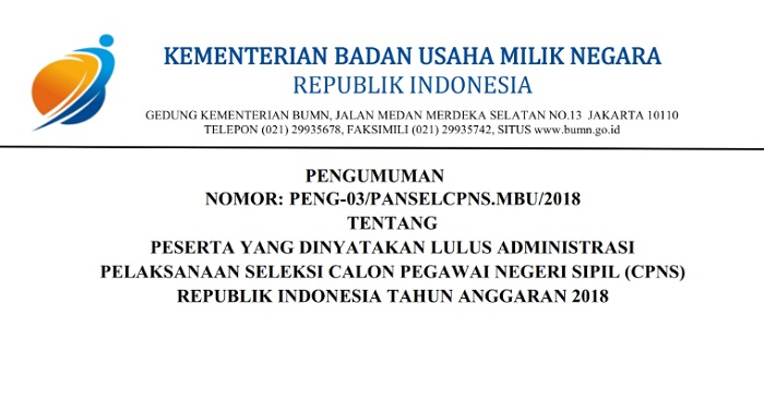 sscn.bkn.go.id - Hasil Seleksi Berkas CPNS 2018 Kementerian BUMN, 2.428 Lulus, Cek Nama Kamu!