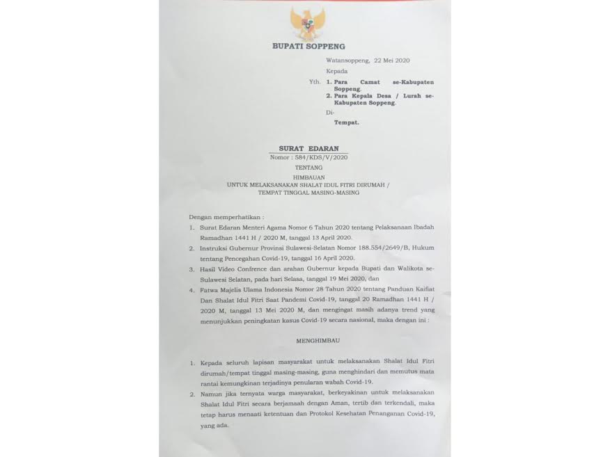 Lebaran di Masjid dan Lapangan Dibolehkan di Kabupaten Soppeng, Tapi Ini Syaratnya