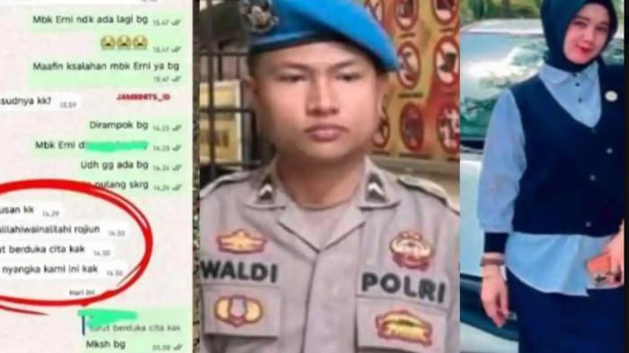 POLISI BUNUH DOSEN - Kolase foto Bripda Waldi (tengah) tersangka pembunuhan berencana terhadap Dosen Erni (kanan), kini sandiwara pelaku terungkap melalui chat yang beredar luas di medsos (kiri), Selasa (4/11/2025).