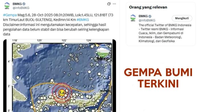 Gempa Terkini di Sulawesi Tengah Selasa 28 Oktober 2025, Info BMKG Magnitudo 5,6