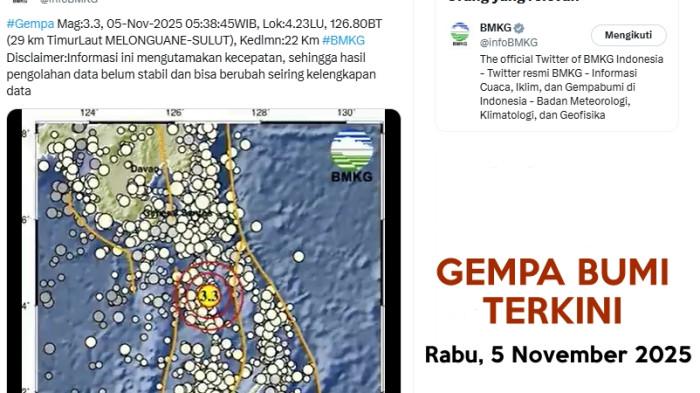 Gempa bumi terkini di wilayah Sulawesi Utara, Rabu 5 November 2025