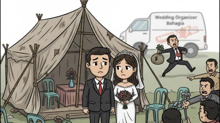 ILUSTRASI - Ilustrasi dugaan penipuan modus Wedding Organizer. Gambar diakses dari Gemini AI pada 4 Oktober 2025.