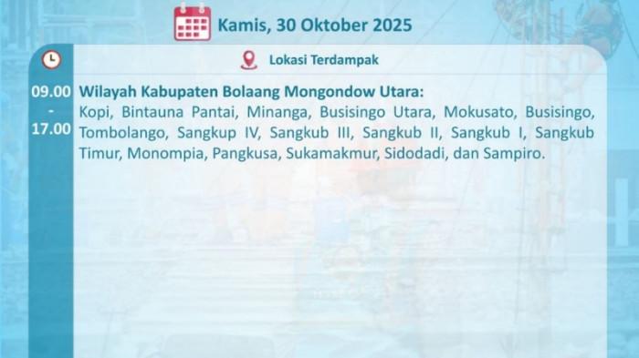 Info PLN 17 Titik Lokasi di Bolmut Terdampak Mati Lampu, Kamis 30 Oktober 2025