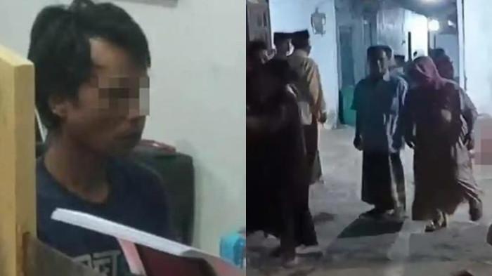ANAK BUNUH IBU - Kolase foto Imam saat diintrograsi di Mapolsek Jenggawah Jember, Jawa Timur, Selasa malam (4/11/2025) dan potret warga saat memadati rumah korban pembunuhan di Desa Kertonegoro Kecamatan Jenggawah, Kabupaten Jember, Jawa Timur, Selasa (4/11/2025) malam .