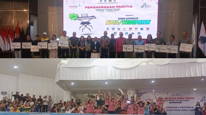 LP3KD - Kontingen LP3KD Kota Tomohon bersorak gembira saat mendengar pengumuman pemenang Pesparani di Aula Mapalus Kantor Gubernur Sulut, Jumat (21/11/2025). (Tribun Manado/Maximus Conterius)