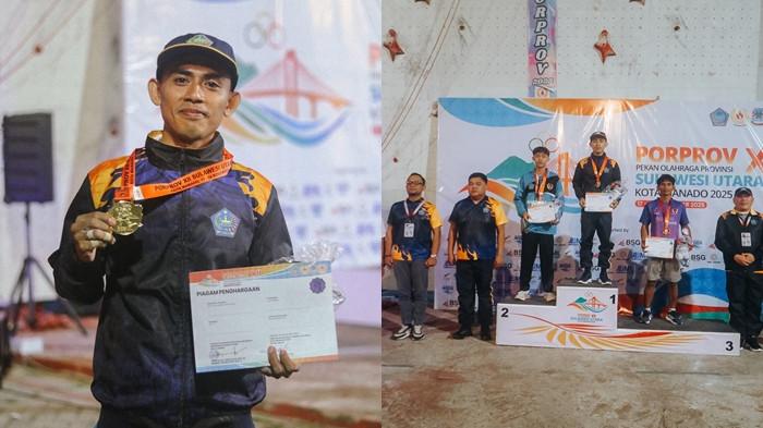 PANJAT TEBING - Kontingen Panjat Tebing Kabupaten Kepulauan Sangihe, Sulawesi Utara (Sulut) akhirnya mencatat sejarah pada Porprov Sulawesi Utara XII setelah atlet andalannya, Jackson Mahino berhasil meraih medali emas pada nomor Lead Perorangan Putra. 