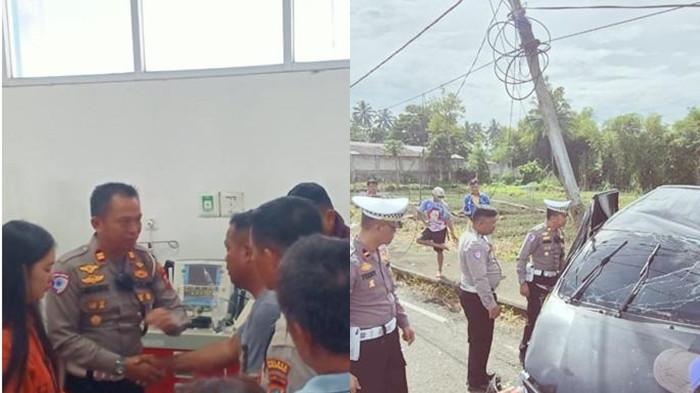 KECELAKAAN MAUT: Kondisi korban dan mobil yang terlibat kecelakaan di Jalan Trans perbatasan Kelurahan Kotobangon dan Moyag, Kota Kotamobagu, Sulawesi Utara (Sulut) pada Kamis (13/11/2025) pagi. Korban ternyata istri dari anggota TNI. Korban meninggal bernama Olivia Goni.