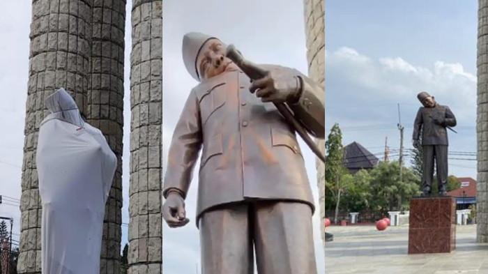 PATUNG SOEKARNO MIRING - Kolase foto tangkap layar dari video akun Instagram @indramayuupdate diunggah Senin (17/11/2025) dan foto yang dijempret wartawan Kompas.com menunjukkan kondisi patung Presiden Pertama RI, Ir Soekarno, yang berada di kawasan Alun-alun Indramayu miring.