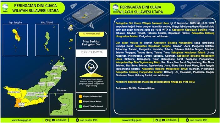 INFO CUACA — Kolase pengumuman BMKG Sulut. BMKG Sulawesi Utara mengeluarkan peringatan dini cuaca pada Kamis (13/11/2025), pukul 16.38 Wita. BMKG menyebut adanya potensi hujan sedang hingga lebat disertai kilat, petir, dan angin kencang yang diperkirakan terjadi mulai pukul 16.45 Wita.
