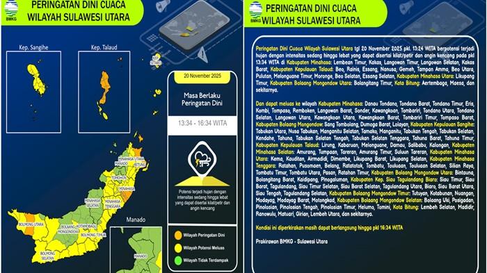 INFO CUACA — Kolase pengumuman BMKG Sulut. BMKG Sulawesi Utara mengeluarkan update peringatan dini cuaca pada Kamis (20/11/2025), pukul 13.24 Wita. BMKG menyebut adanya potensi hujan sedang hingga lebat disertai kilat, petir, dan angin kencang yang diperkirakan terjadi mulai pukul 13.34 Wita.