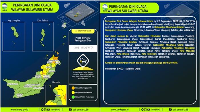 INFO CUACA - Kolase foto pengumuman BMKG. Badan Meteorologi, Klimatologi, dan Geofisika (BMKG) Sulawesi Utara mengeluarkan peringatan dini cuaca pada Senin (22/9/2025), pukul 12.56 Wita. BMKG menyebut adanya potensi hujan sedang hingga lebat disertai kilat, petir, dan angin kencang yang diperkirakan terjadi mulai pukul 13.08 Wita.