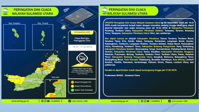 INFO CUACA - Kolase foto pengumuman BMKG sore ini. Badan Meteorologi, Klimatologi, dan Geofisika (BMKG) Sulawesi Utara mengeluarkan update peringatan dini cuaca pada Sabtu (6/9/2025), pukul 14.21 Wita. BMKG menyebut adanya potensi hujan sedang hingga lebat disertai kilat, petir, dan angin kencang yang diperkirakan terjadi mulai pukul 14.33 Wita.