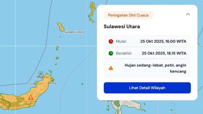Waspada 14 Daerah di Sulut Potensi Hujan Lebat Sabtu 25 Oktober 2025, Peringatan Dini BMKG