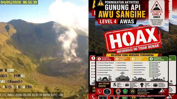 foto visual kawah Gunung Awu Tanggal per tanggal 04 Mei 2026 dan flayer gunung awu level awas