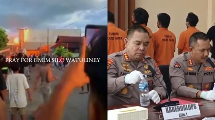 KERICUHAN DI MITRA - Kolase foto peristiwa pengrusakan di Gereja GMIM Silo Watuliney, Belang, Mitra, Sulut pada Sabtu, 30 November 2025 dan potret oara tersangka konflik kericuhan di Watuliney-Molompar, Kecamatan Belang, Kabupaten Mitra, Sulut, yang ditahan Polres Mitra belum lama ini.