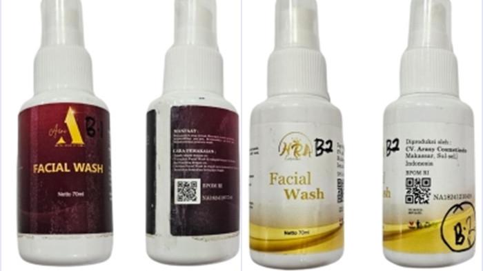 PRODUK KOSMETIK - Foto kemasan produk kosmetik skincare AENI BEAUTIFUL SECRET Facial Wash (kiri) dan HRA COSMETIC Facial Wash (kanan) yang telah ditarik peredarannya. Terdata ada sebanyak 34 produk kosmetik skincare mengandung bahan berbahaya/terlarang kini ditarik BPOM RI per Agustus 2025.
