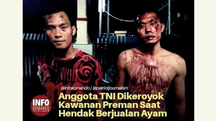 Seorang Prajurit TNI dikeroyok preman hingga luka-luka di Pasar Palapa Brayan, Medan. 