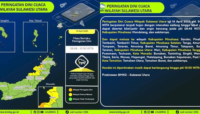 BMKG Keluarkan Peringatan Dini, Sulut Berpotensi Hujan Lebat hingga 10.50 WITA