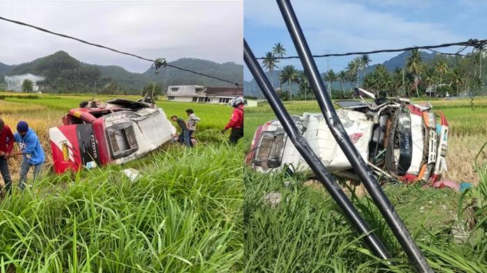 Kecelakaan Maut Pukul 07.00 WIB, Seorang Penumpang Wanita Tewas, Bus AKDP Terguling Masuk Sawah