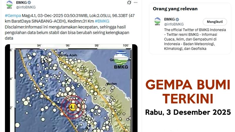 Gempa Terkini Guncang Aceh Rabu 3 Desember 2025, Berikut Info BMKG