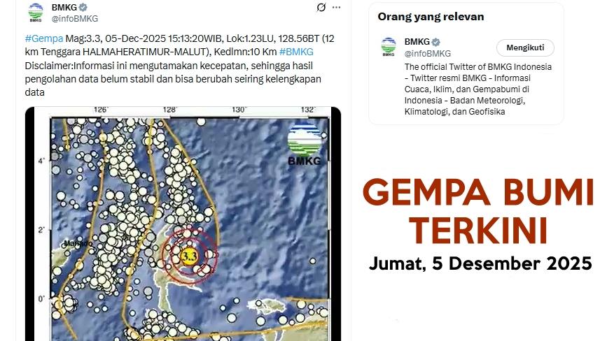 Gempa Terkini di Maluku Utara Jumat 5 Desember 2025, Berikut Info BMKG