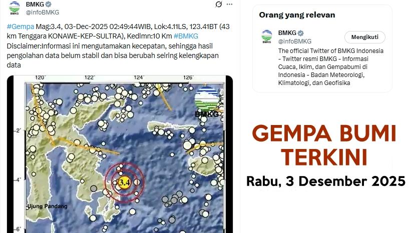 Gempa Bumi Terkini di Sultra Rabu 3 Desember 2025, Berikut Info BMKG