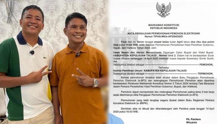 Hasil Pilkada Talaud Kembali Digugat ke MK, Paslon IH-HM Resmi Ajukan Permohonan Sengketa