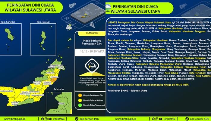 Peringatan Dini BMKG, Cuaca Ekstrem di Sulut Sore Ini Selasa 5 Mei 2026, Berlaku hingga 18.30 WITA