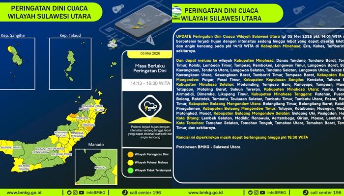 Peringatan Dini BMKG, Cuaca Ekstrem di Sulut Sore Ini Selasa 5 Mei 2026, Berlaku hingga 16.30 WITA
