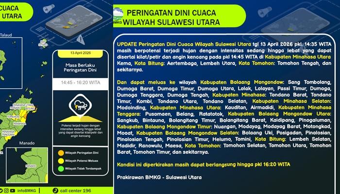 Peringatan Dini Cuaca di Wilayah Sulawesi Utara, BMKG: Potensi Hujan Lebat hingga Pukul 16.20 WITA