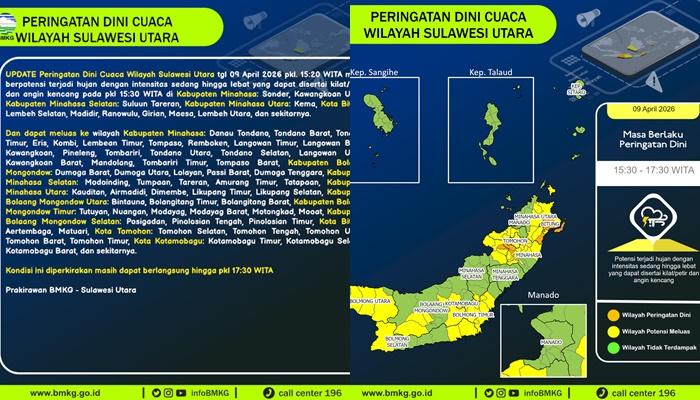 Peringatan Dini Cuaca di Wilayah Sulawesi Utara, BMKG: Potensi Hujan Lebat hingga Pukul 17.30 WITA