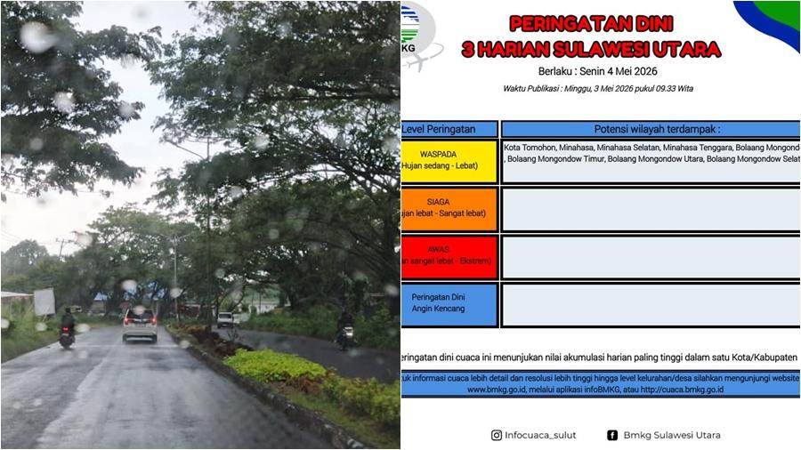Peringatan Dini BMKG Sulut Cuaca Besok Senin 4 Mei 2026, Berikut Daerah Waspada Hujan Lebat