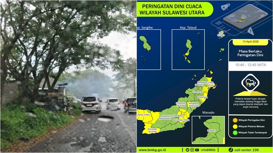 Peringatan Dini Cuaca di Sulut Siang Ini Senin 13 April 2026, Info BMKG Daerah Potensi Hujan