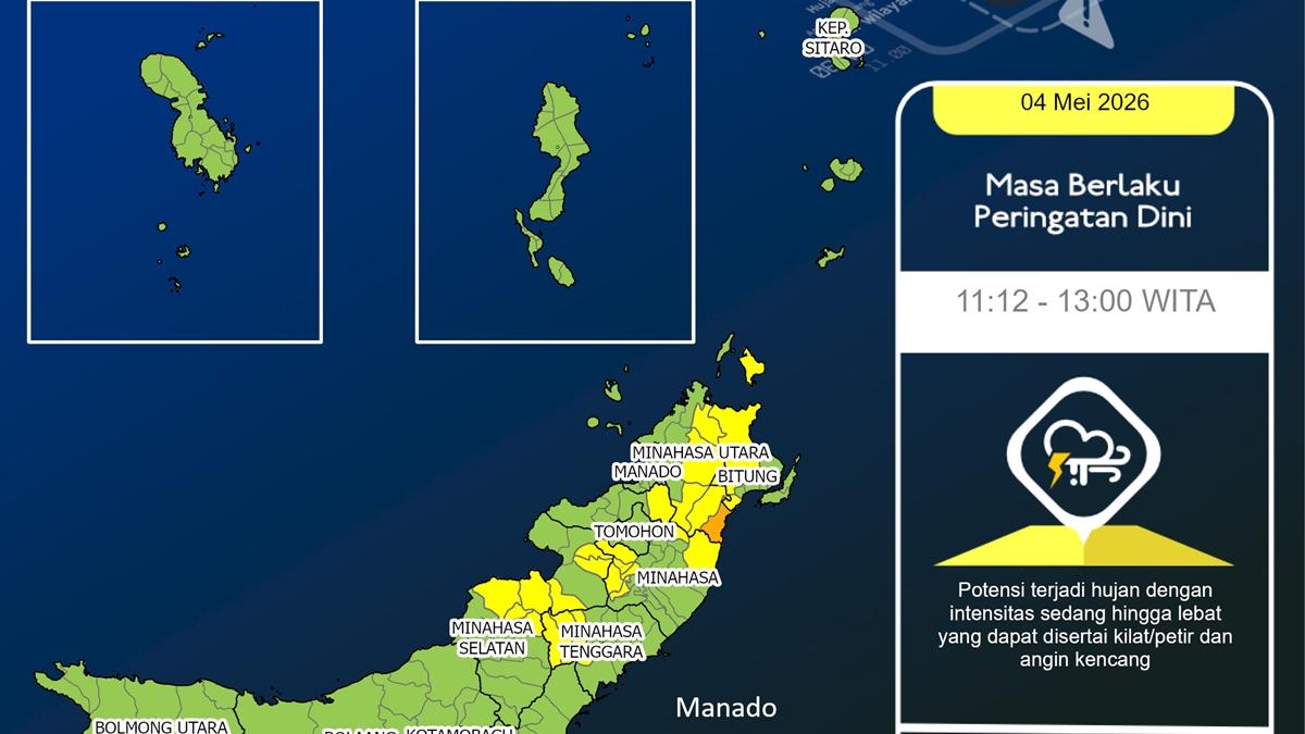 Info BMKG Cuaca di Sulut Senin 4 Mei 2026, Berikut Daftar Daerah Potensi Hujan