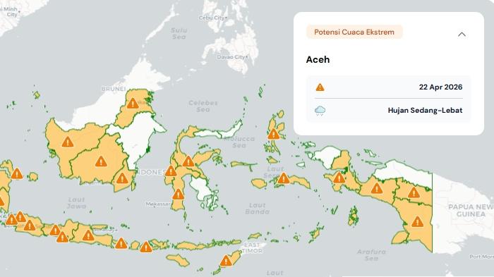 Peringatan Dini Besok Rabu 22 April 2026, Info BMKG Waspada Hujan Sangat Lebat dan Angin Kencang