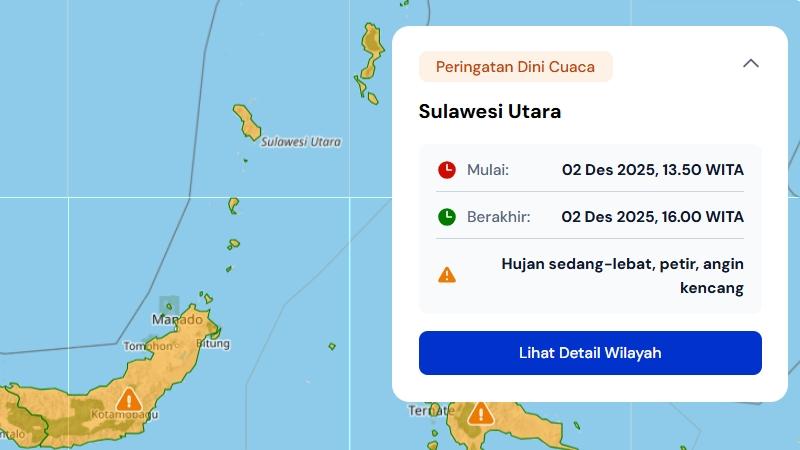 Update Peringatan Dini Cuaca di Sulut Siang Ini Selasa 2 Desember 2025, Berikut Info BMKG