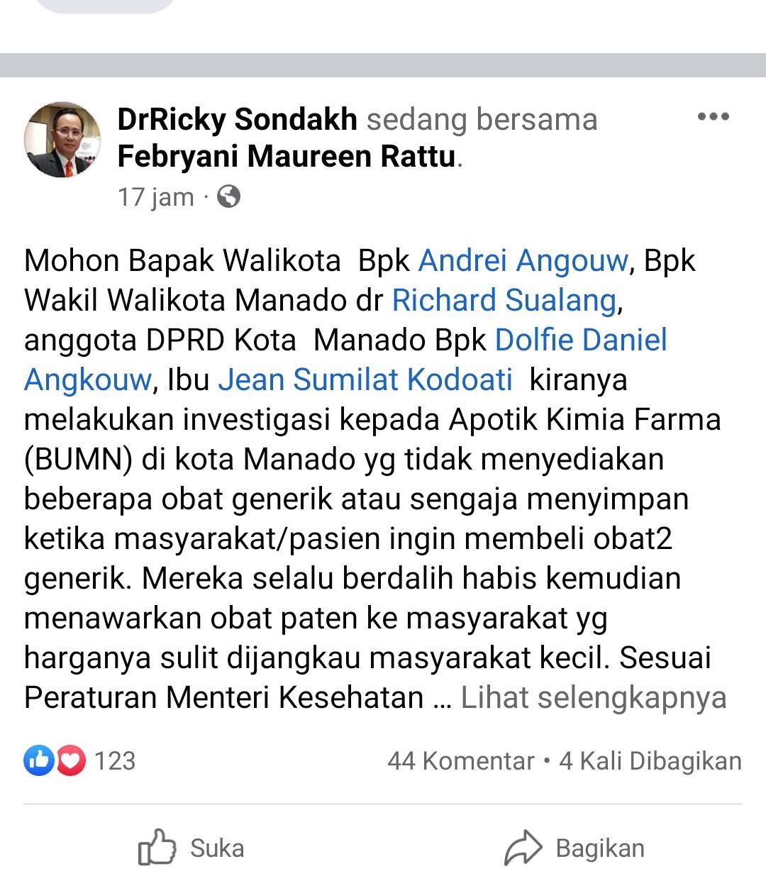 Keluhan Viral di Media Sosial, Diduga Ada Apotek di Manado yang Tak Sediakan Obat Generik