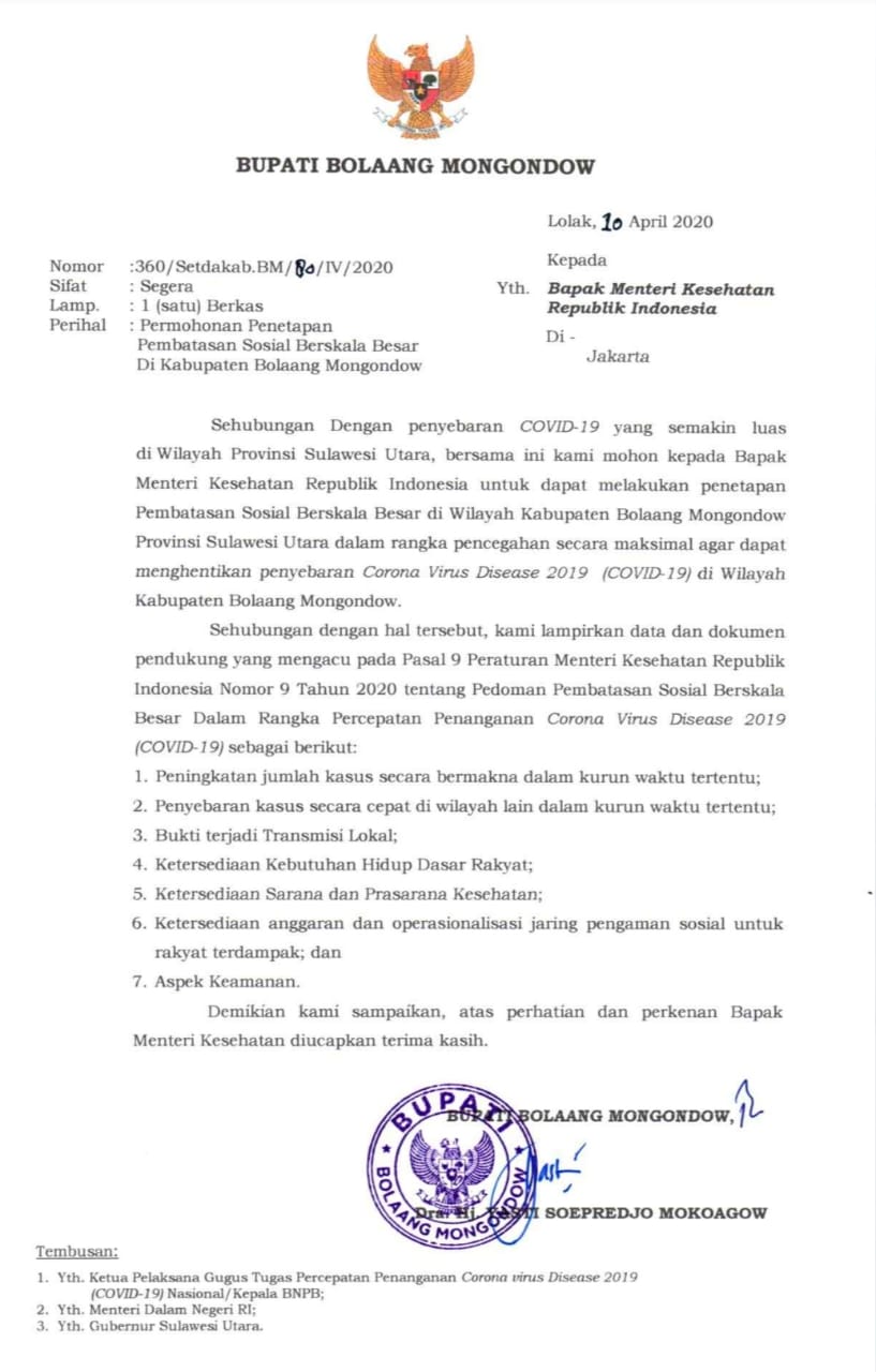 Pemkab Bolmong Resmi Ajukan Pembatasan Sosial Berskala Besar