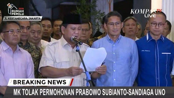 Kubu Prabowo-Sandiaga Cari Jalur Hukum Lain untuk Gugat Kembali setelah Terima Hasil Putusan MK