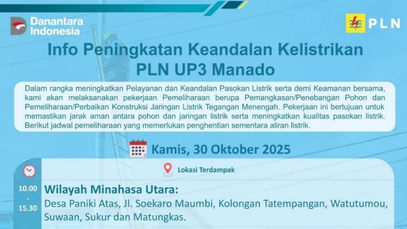 Siap-siap Mati Lampu, Info PLN 7 Titik Lokasi Terdampak di Minut, Kamis 30 Oktober 2025
