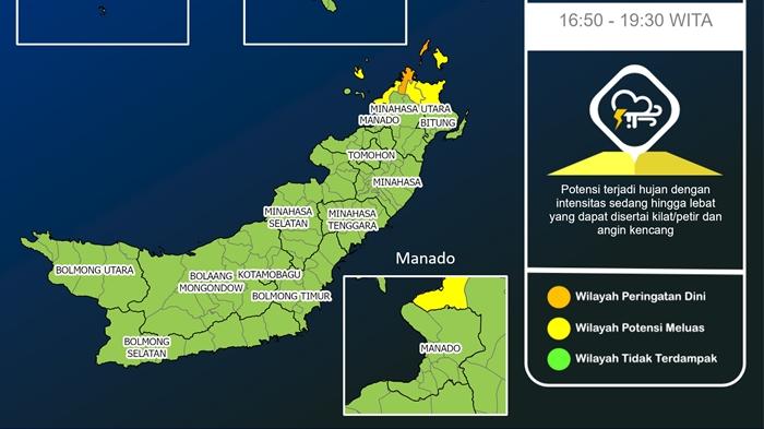 Peringatan Dini Cuaca di Sulawesi Utara Selasa, 12 Agustus 2025 Sore hingga Malam, Minut Bakal Hujan
