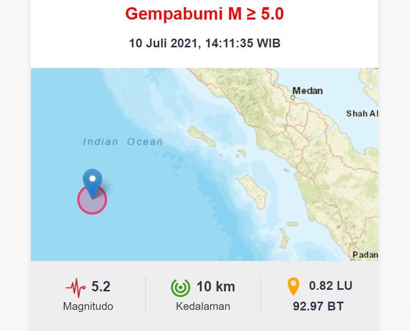 Gempa Bumi Magnitudo 5,2 Sabtu (10/07/21) Tadi Siang, BMKG: Tidak Berpotensi Tsunami, Ini Lokasinya
