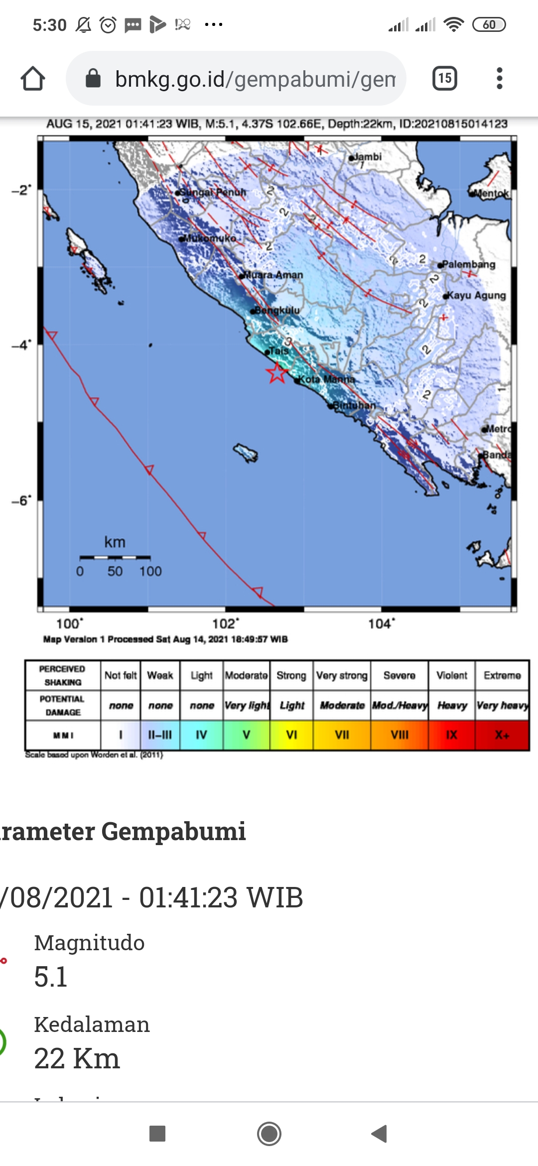 Gempa 5.1 SR Tadi Pukul 01.41 WIB Minggu 15 Agustus 2021, Berikut Ini Info Titik Lokasinya