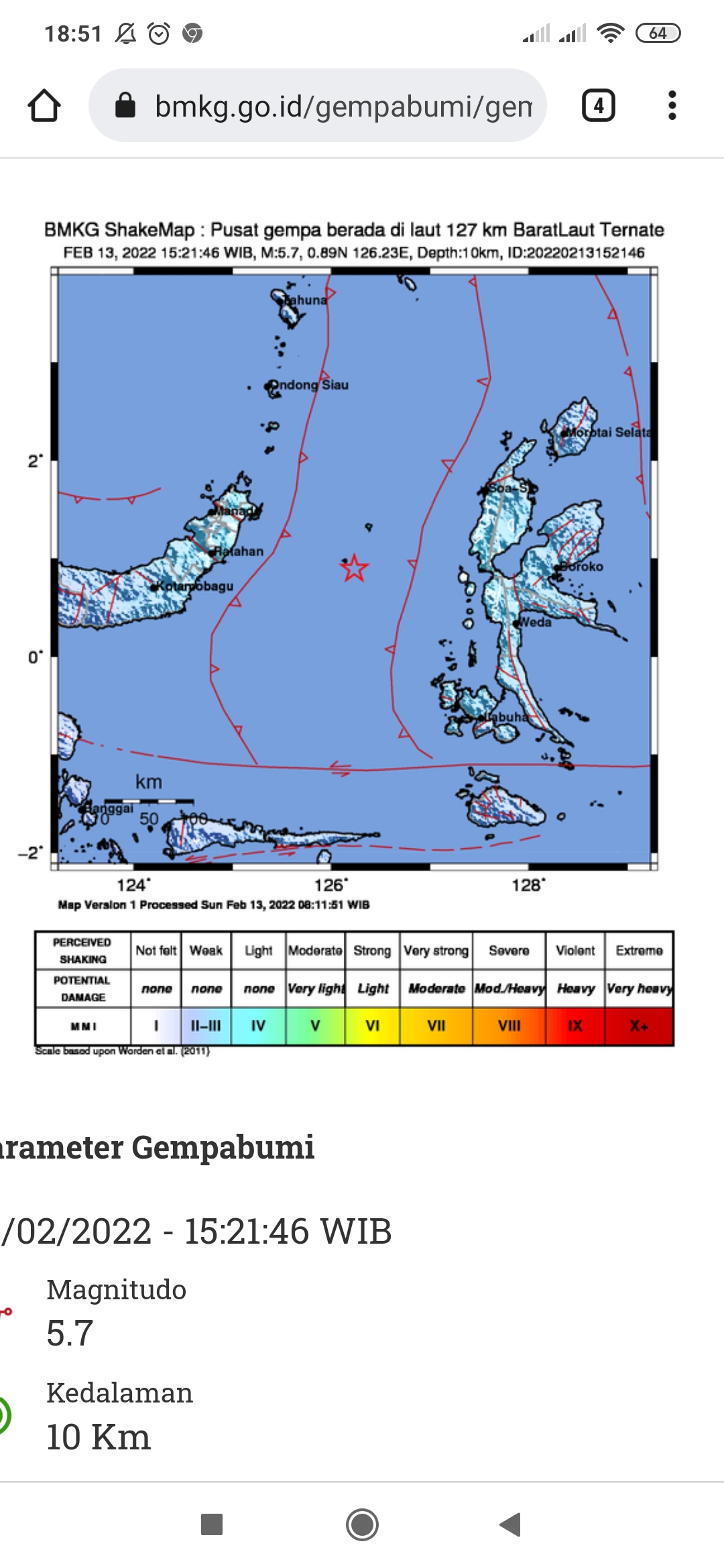 Gempa Bumi Terkini di Laut Minggu 13 Februari 2022, Info BMKG: Magnitudo 5.7 SR Guncang Ternate