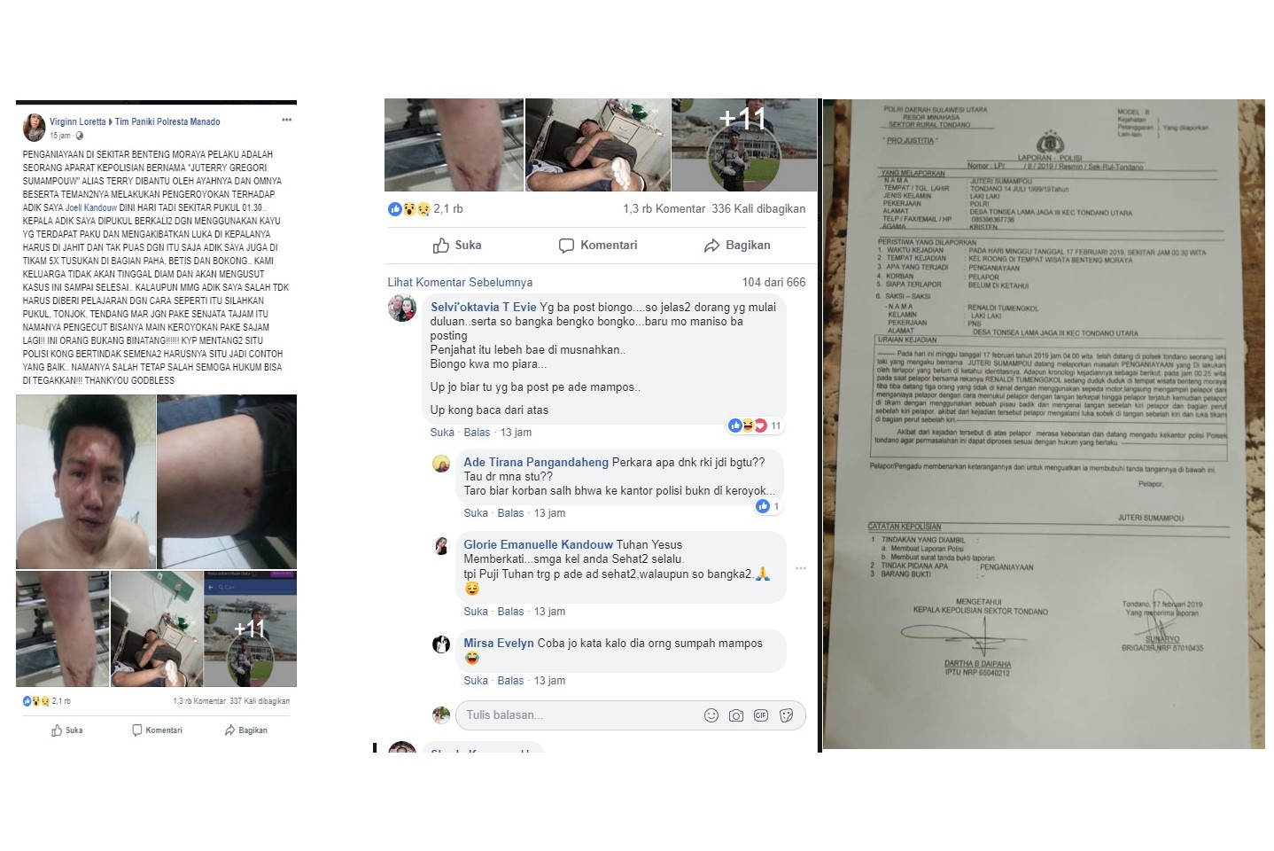 Heboh Postingan Oknum Polisi Lakukan Pengeroyokan di Benteng Moraya,Netizen Sulut Malah Bully Korban