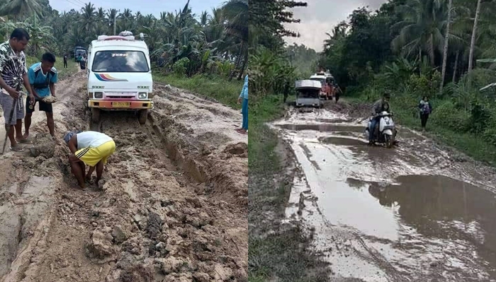 Jalan Antara Desa Riung dan Binalang Talaud Rusak, Polisi dan Warga Perbaiki Pakai Alat Seadanya