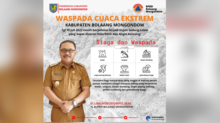 Waspada Cuaca Ekstrem Bolmong Sulawesi Utara Senin 18 Juli 2022, Limi Mokodompit: Siaga dan Waspada