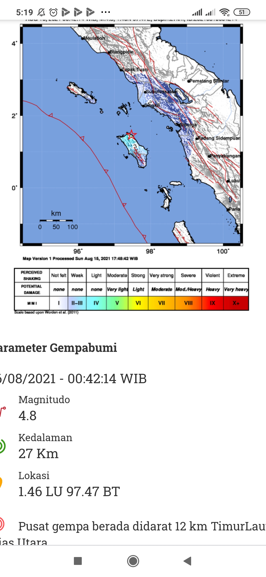 Guncangan Tadi Dini Hari Senin 16 Agustus 2021, Info BMKG Pusat Gempa Berada di Darat