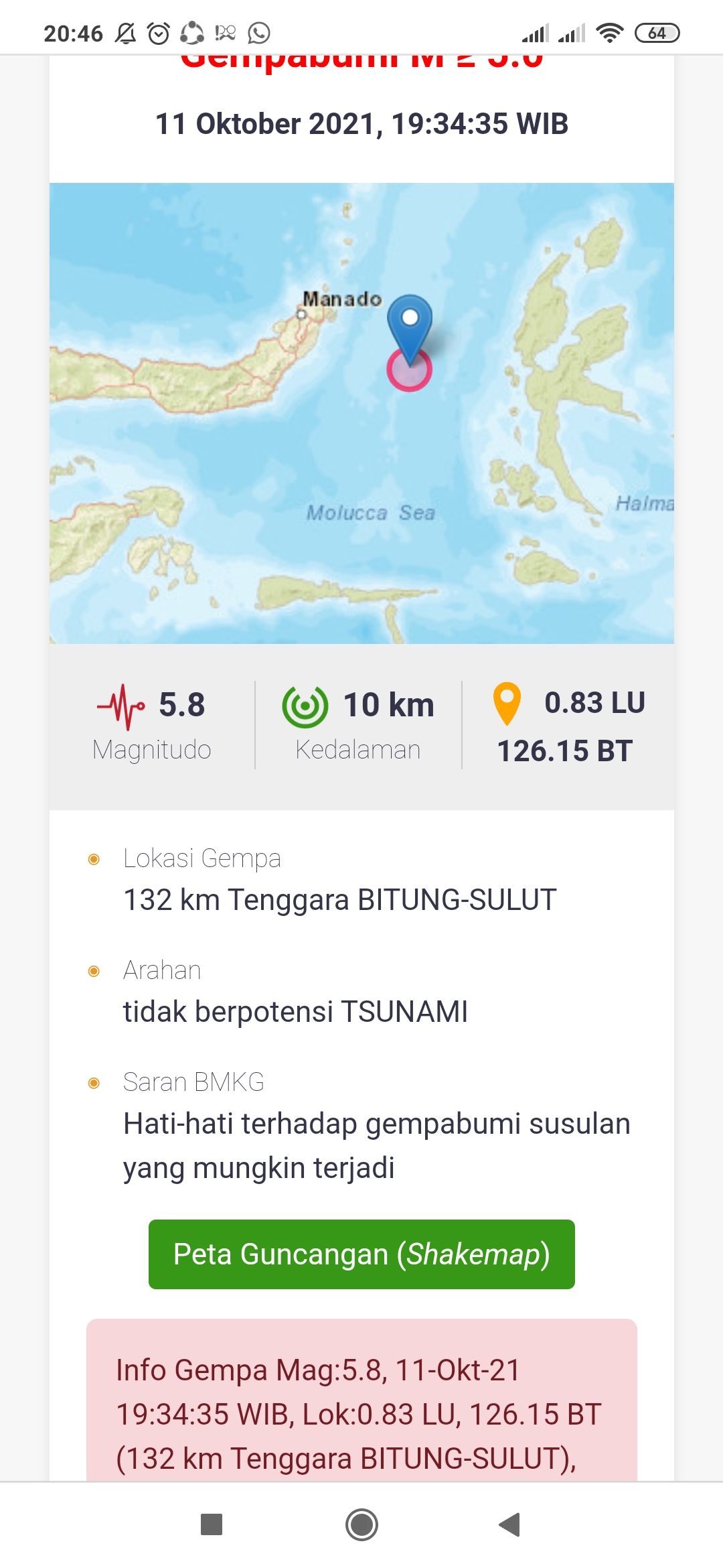 Sulut Diguncang Gempa Malam Ini Pukul 20.34 Wita, Berikut Info Lengkap BMKG