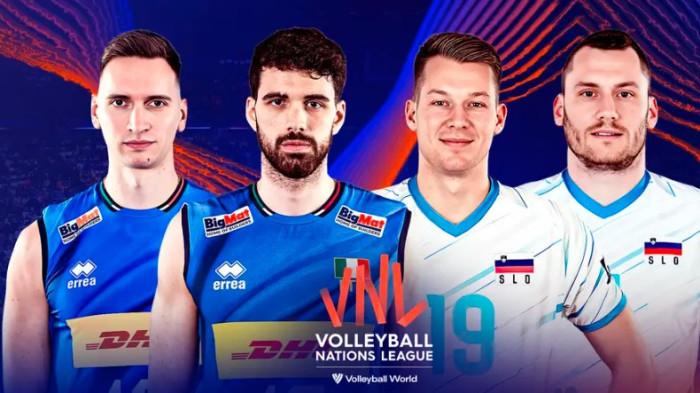 Poster pertandingan Slovenia vs Italia Semifinal VNL 2025 via TV Online Vidio